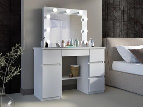 SEA546 - Set Masa toaleta, 120 cm, moderna cosmetica machiaj oglinda, masuta vanity, oglinda 9 LED, cu sau fara Priza, cu sau fara scaun - Alb