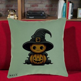 Perna Decorativa Halloween Dovleac Vrajitor Kawaii, 40x40 cm, Verde, Husa Detasabila, Perna Inclusa, BEKZ®