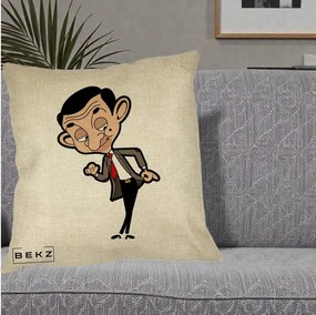 Perna Personalizata Mr. Bean Caricatura, 40x40 cm, Crem, Husa Detasabila, Perna Inclusa, BEKZ®