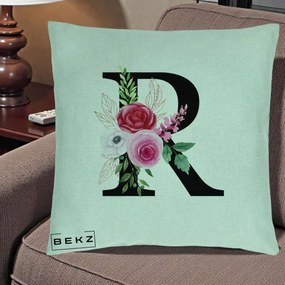 Cadou Personalizat - Perna Personalizata Monograma Florala Litera R, 40x40 cm, Verde Menta, Husa Detasabila, Perna Inclusa, BEKZ®
