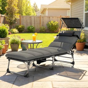 Outsunny Șezlong 5 poziții reglabil, cu copertină, pernă, suport pentru cap și buzunar lateral, 190x57x30cm, Gri închis | Aosom Romania