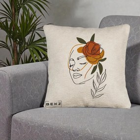 Perna Decorativa Portret Feminin Trandafir Ruginiu, 40x40 cm, Bej Canapea, Husa Detasabila, Perna Inclusa, BEKZ®