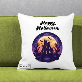 Perna Decorativa Happy Halloween Casa Bantuita Violet, 40x40 cm, Alba Mata, Husa Detasabila, Perna Inclusa, BEKZ®