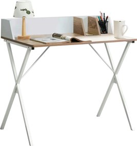 Masa birou PSALMO, alb/stejar, DTD laminat/metal, 90x50x85 cm
