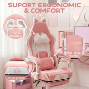 HOMCOM Scaun de Gaming Ergonomic cu Urechi de Pisică, Suport pentru Picioare și Suport Lombar, 65x62x116-124 cm, Roz | Aosom Romania