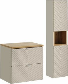 Set dulap baza suspendat 60 cm cu blat, dulap coloana si dulap suspendat Comad Viva stejar Coast Evoke si bej cașmir mat
