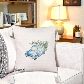 Perna Decorativa Masinuta Albastra cu Brad de Craciun, 40x40 cm, Bej cu Franjuri, Husa Detasabila, Perna Inclusa, BEKZ®
