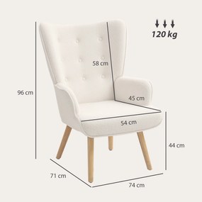 HOMCOM Scaun de living din material bouclé, scaun capitonat și umplut cu picioare din lemn, 71 x 74 x 96 cm, bej | Aosom Romania