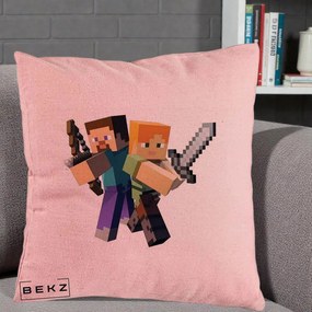 Perna Personalizata Minecraft Steve si Alex, 40x40 cm, Roz, Husa Detasabila, Perna Inclusa, BEKZ®