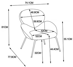 Scaun fotoliu Teddy cu picioare din metal, țesătură moale căptușită, braț caracteristic, scaun de living modern, potrivit pentru sufragerie și dormitor, Gri