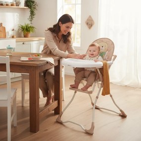 Scaun de masa pentru copii si bebe Baby Care™ CH ,Pliabil, Centura de siguranta, Sezut comfortabil, Masuta detasabila, Model Ursulet , Beige