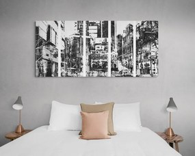 Tablou 5-piese panoramă abstractă a orașului în design alb-negru