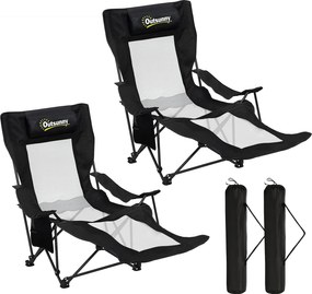 Outsunny Set de 2 Scaune Pliabile Rabatabile pentru Camping cu Suport Picioare Detașabil, Tetieră, Suport Pahar și Husă, Negru | Aosom Romania