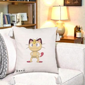 Perna Personalizata Meowth Pokemon, 40x40 cm, Bej cu Franjuri, Husa Detasabila, Perna Inclusa, BEKZ®