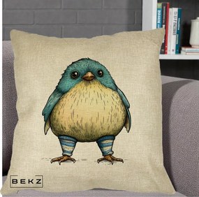 Perna Decorativa Pasare Albastra cu Sosete Albastre, 40x40 cm, Crem, Husa Detasabila, Perna Inclusa, BEKZ®