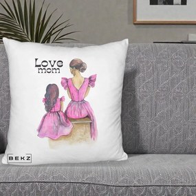 Cadou pentru Mama - Perna Personalizata Love Mom Rochii Roz, 40x40 cm, Alb Pufos, Husa Detasabila, Perna Inclusa, BEKZ®