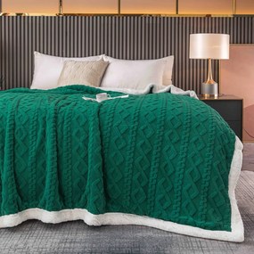 Patura cu blanita, model tricotat 200 x 230 cm, verde inchis
