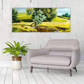 Tablou - Râu între câmpii, pictură în ulei (120x50 cm)