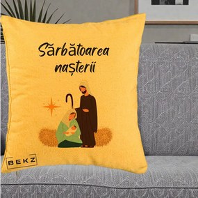 Perna Decorativa Nasterea Domnului Sfanta Familie Sarbatoarea Nasterii, 40x40 cm, Galben, Husa Detasabila, Perna Inclusa, BEKZ®