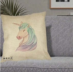 Perna Decorativa Unicorn Acuarela Pastel, 40x40 cm, Crem, Husa Detasabila, Perna Inclusa, BEKZ®