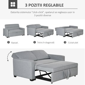 Canapea pat HOMCOM cu tapițerie din material textil, 2 locuri cu spatar reglabil pe 3 niveluri, gri | Aosom Romania