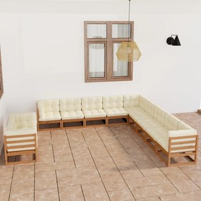 3076987 vidaXL Set mobilier grădină cu perne, 11 piese, maro, lemn masiv pin