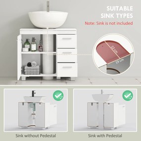 HOMCOM Dulap Sub Lavoar pentru Baie cu Ușă Amortizată și 3 Sertare, Decupaj în Formă de U și Rafturi, Dulap Modern și Compact pentru Lavoare cu Piedestal sau Fără, Alb | Aosom Romania