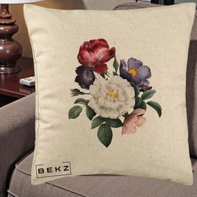 Perna Decorativa Buchet Trandafiri Bujori Botanical, 40x40 cm, Bej, Husa Detasabila, Perna Inclusa, BEKZ®