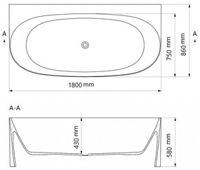 Cada freestanding compozit Marmite Como, 180 x 86 cm, lipita de perete, alb lucios