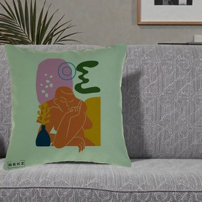 Perna Decorativa Femeie Meditand Abstract, 40x40 cm, Verde, Husa Detasabila, Perna Inclusa, BEKZ®