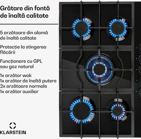 Klarstein Ignito, plită pe gaz, 5 arzătoare, arzător Sabaf, sticlă ceramică, negru