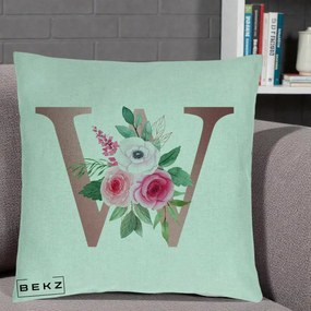 Cadou Personalizat - Perna Personalizata Monograma Rose Gold Litera W cu Trandafiri si Anemona, 40x40 cm, Verde Menta, Husa Detasabila, Perna Inclusa, BEKZ®