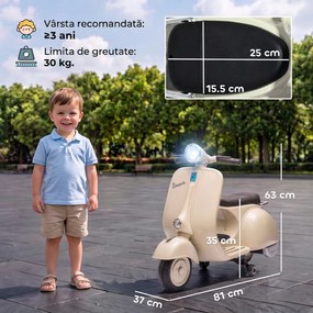 AIYAPLAY Motocicletă Electrică pentru Copii 3+ Ani, Licență VESPA, 6V, cu Roți Ajutătoare Detașabile, Max. 30 kg, Alb | Aosom Romania