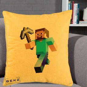 Perna Personalizata Minecraft Steve cu Tarnacop, 40x40 cm, Galben, Husa Detasabila, Perna Inclusa, BEKZ®