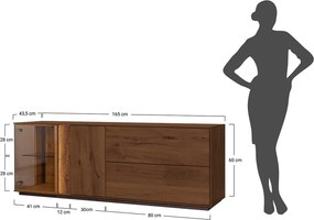 Comodă TV lemn masiv Aurora cu Vitrină Iluminată Stejar Fumuriu, 165 × 43.5 × 60 cm