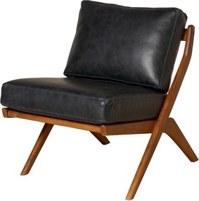 Fotoliu lounge din piele naturală neagră cu structură din lemn de acacia, „Marnet”