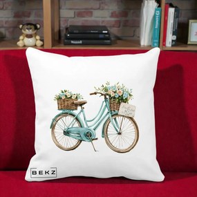 Perna Decorativa Bicicleta Teal cu Cosuri Duble de Flori Vintage, 40x40 cm, Alba Mata, Husa Detasabila, Perna Inclusa, BEKZ®