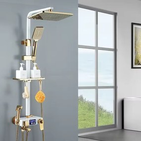 Coloană de duș, cu termostat, afișaj digital, 4 funcții, montare perete, alamă, Alb/Auriu, 8022