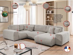 Colțar gri deschis cu tapițerie din catifea reiată (cu colț pe partea stângă/în formă de "U") Justin – Ropez