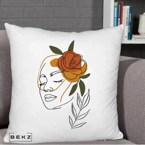 Perna Decorativa Portret Feminin Trandafir Ruginiu, 40x40 cm, Alb Pufos, Husa Detasabila, Perna Inclusa, BEKZ®