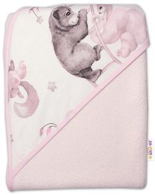 Pătură termică cu glugă pentru copii Baby Nellys, Animale pe un nor, 100 x 100 cm, roz 100 x 100