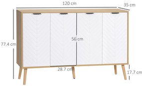 HOMCOM Bufet de depozitare scăzut mobilier cu 2 dulapuri 4 uși model de șevalet rafturi reglabile 120 x 35 x 77,4 cm alb | Aosom Romania