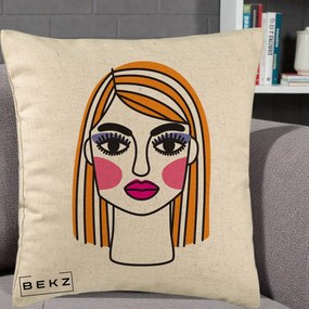 Perna Decorativa Portret Pop Art Fata, 40x40 cm, Bej, Husa Detasabila, Perna Inclusa, BEKZ®