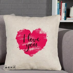 Cadou Romantic - Perna Personalizata I Love You Inima Roz, 40x40 cm, Bej Canapea, Husa Detasabila, Perna Inclusa, BEKZ®