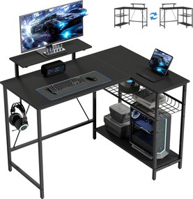 HOMCOM Birou gaming reversibil, birou de colț, suport pentru monitor, etajeră din plasă reglabilă, 114,5x82x91,5cm, negru | Aosom Romania
