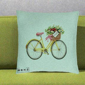 Perna Decorativa Bicicleta Galbena cu Cos de Flori Primavara, 40x40 cm, Verde Menta, Husa Detasabila, Perna Inclusa, BEKZ®