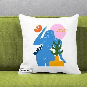 Perna Decorativa Femeie Albastra Cactus, 40x40 cm, Alba Mata, Husa Detasabila, Perna Inclusa, BEKZ®
