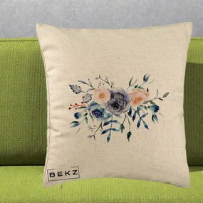 Perna Decorativa Buchet Flori Albastre Acuarela, 40x40 cm, Bej, Husa Detasabila, Perna Inclusa, BEKZ®