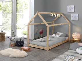 Set CABANE în culoare culoare lemn natural format dintr-un Pat copii Vipack (90 x 200 cm) și o SALTEA PAT COPII Basic Cool (90 x 200 x 10 cm).