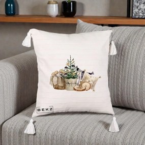 Perna Decorativa Colt Cozy de Craciun Boho, 40x40 cm, Bej cu Franjuri, Husa Detasabila, Perna Inclusa, BEKZ®